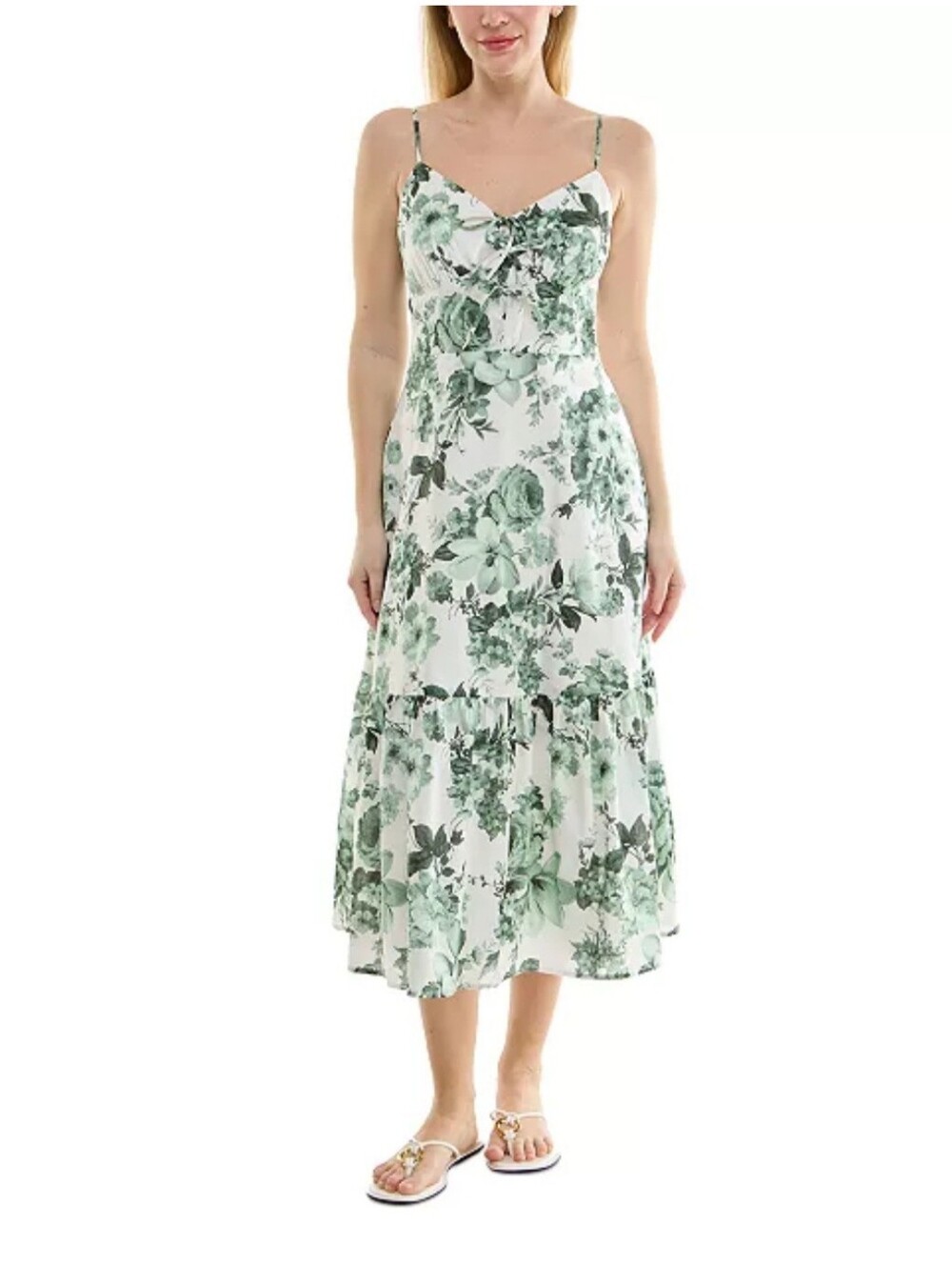 Trixxi Cream Midi Dress with Green Floral Pattern